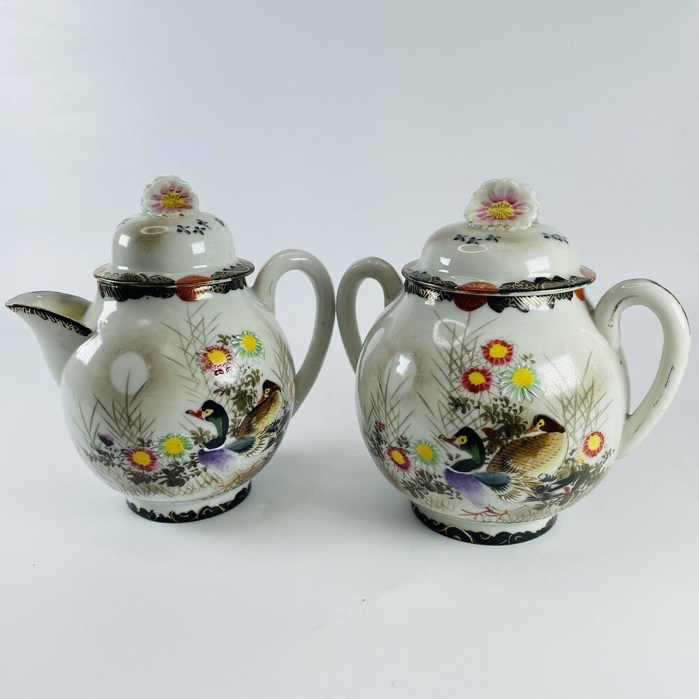 VTG Japanese Kutani Porcelain Cream Sugar Bowl Set Hand Painted Ducks Flowers